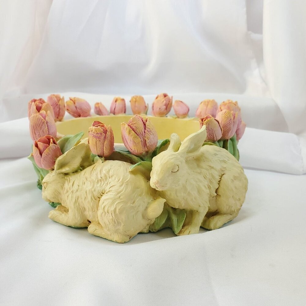 VTG Decorative Easter Rabbit & Tulip Design Bowl Spring Time Planter Candy Dish